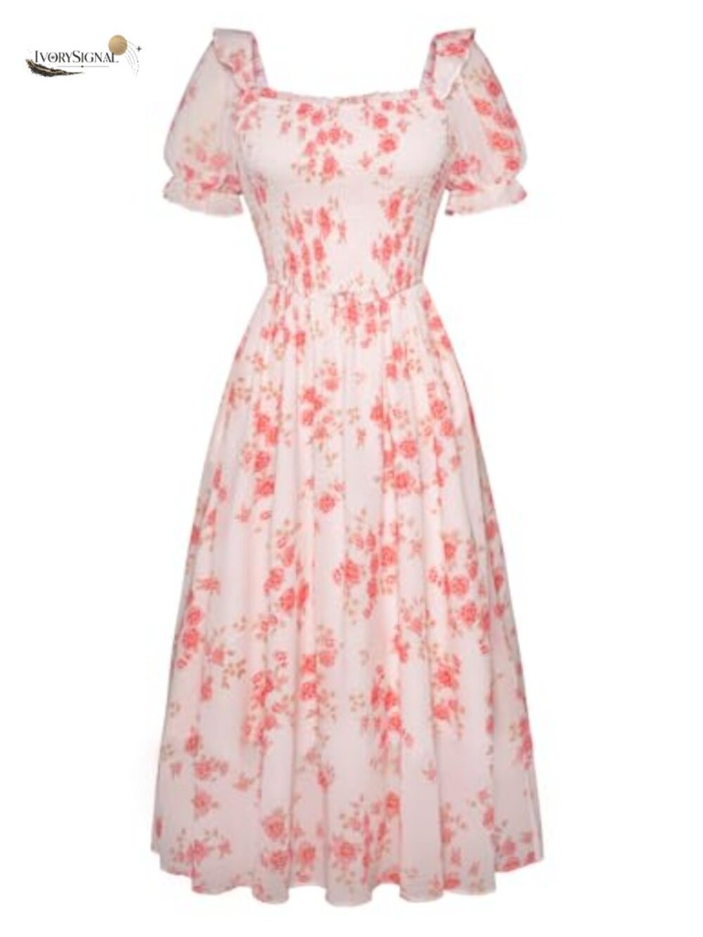 Women's Floral Chiffon Midi Dress Puff Sleeve Cottagecore Tea Party